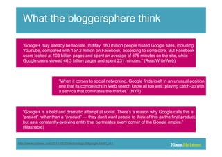 What the bloggersphere think

   “Google+ may already be too late. In May, 180 million people visited Google sites, including
   YouTube, compared with 157.2 million on Facebook, according to comScore. But Facebook
   users looked at 103 billion pages and spent an average of 375 minutes on the site, while
   Google users viewed 46.3 billion pages and spent 231 minutes.” (ReadWriteWeb)



                           “When it comes to social networking, Google finds itself in an unusual position,
                           one that its competitors in Web search know all too well: playing catch-up with
                           a service that dominates the market.” (NYT)



   “Google+ is a bold and dramatic attempt at social. There’s a reason why Google calls this a
   “project” rather than a “product” — they don’t want people to think of this as the final product,
   but as a constantly-evolving entity that permeates every corner of the Google empire.”
   (Mashable)


http://www.nytimes.com/2011/06/29/technology/29google.html?_r=1
 