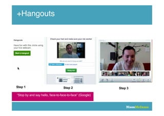 +Hangouts




Step 1                            Step 2                 Step 3

“Stop by and say hello, face-to-face-to-face” (Google)
 