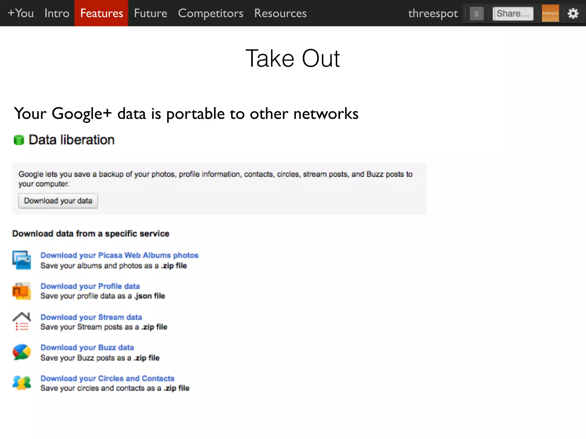 +You Intro Features Future Competitors Resources   threespot


                                      Take Out

 Your Google+ data is portable to other networks
 