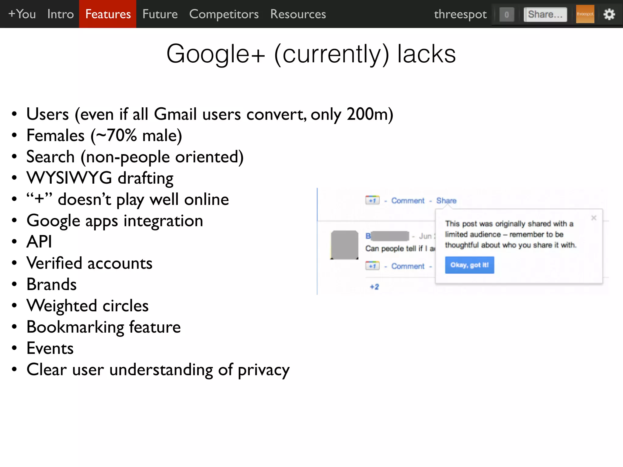 +You Intro Features Future Competitors Resources         threespot


                       Google+ (currently) lacks

•   Users (even if all Gmail users convert, only 200m)
•   Females (~70% male)
•   Search (non-people oriented)
•   WYSIWYG drafting
•   “+” doesn’t play well online
•   Google apps integration
•   API
•   Veriﬁed accounts
•   Brands
•   Weighted circles
•   Bookmarking feature
•   Events
•   Clear user understanding of privacy
 