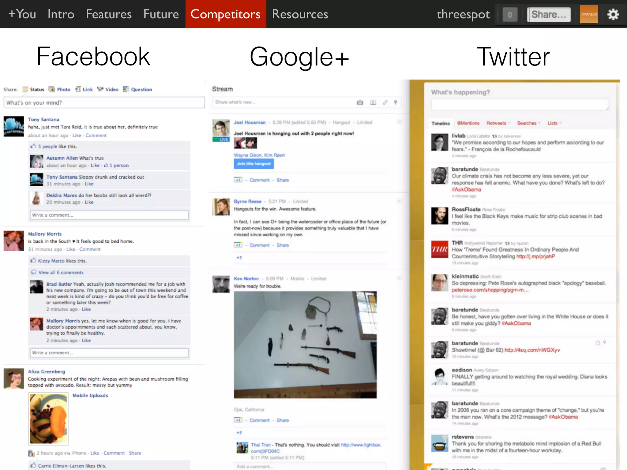 +You Intro Features Future Competitors Resources   threespot


    Facebook                        Google+              Twitter
 