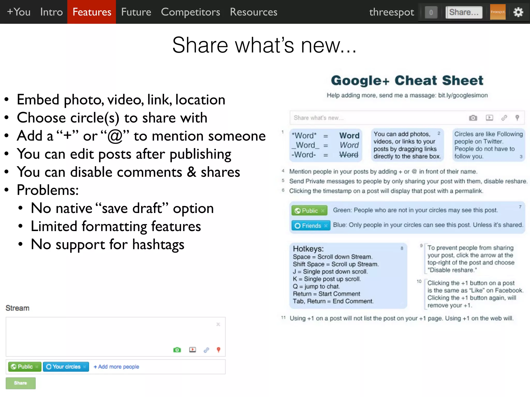 +You Intro Features Future Competitors Resources   threespot


                             Share what’s new...

•   Embed photo, video, link, location
•   Choose circle(s) to share with
•   Add a “+” or “@” to mention someone
•   You can edit posts after publishing
•   You can disable comments & shares
•   Problems:
    • No native “save draft” option
    • Limited formatting features
    • No support for hashtags
 