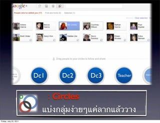 Dc1       Dc2     Dc3   Teacher




                              : Circles
                          แบ่งกลุ่มง่ายๆแค่ลากแล้ววาง
Friday, July 22, 2011
 