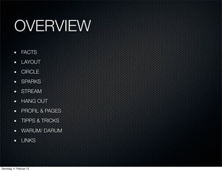 OVERVIEW
               FACTS
               LAYOUT
               CIRCLE
               SPARKS
               STREAM
               HANG OUT
               PROFIL & PAGES
               TIPPS & TRICKS
               WARUM/ DARUM
               LINKS




Samstag, 4. Februar 12
 
