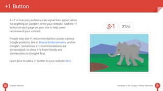 +1 Button 
A +1 is how your audience can signal their appreciation 
for anything on Google+, or on your website. Add the +1 
button to each page on your site to help users 
recommend your content. 
People may see +1 recommendations across various 
Google products, like in Shared Endorsements, and on 
Google+. Sometimes +1 recommendations are 
personalized, to show +1s from friends and 
connections on Google+ first. 
Learn how to add a +1 button to your website here. 
Chapter Selection Subscribe to the Google+ Weekly Newsletter 
 