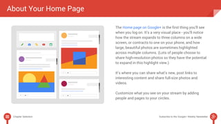 About Your Home Page 
The Home page on Google+ is the first thing you’ll see 
when you log on. It’s a very visual place - you’ll notice 
how the stream expands to three columns on a wide 
screen, or contracts to one on your phone, and how 
large, beautiful photos are sometimes highlighted 
across multiple columns. (Lots of people choose to 
share high-resolution photos so they have the potential 
to expand in this highlight view.) 
It’s where you can share what’s new, post links to 
interesting content and share full-size photos and 
videos. 
Customize what you see on your stream by adding 
people and pages to your circles. 
Chapter Selection Subscribe to the Google+ Weekly Newsletter 
 