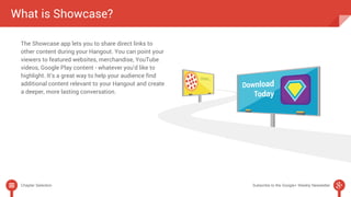 What is Showcase? 
The Showcase app lets you to share direct links to 
other content during your Hangout. You can point your 
viewers to featured websites, merchandise, YouTube 
videos, Google Play content - whatever you’d like to 
highlight. It’s a great way to help your audience find 
additional content relevant to your Hangout and create 
a deeper, more lasting conversation. 
Chapter Selection Subscribe to the Google+ Weekly Newsletter 
 