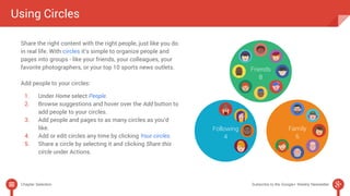 Using Circles 
Share the right content with the right people, just like you do 
in real life. With circles it’s simple to organize people and 
pages into groups - like your friends, your colleagues, your 
favorite photographers, or your top 10 sports news outlets. 
Add people to your circles: 
1. Under Home select People. 
2. Browse suggestions and hover over the Add button to 
add people to your circles. 
3. Add people and pages to as many circles as you’d 
like. 
4. Add or edit circles any time by clicking Your circles. 
5. Share a circle by selecting it and clicking Share this 
circle under Actions. 
Chapter Selection Subscribe to the Google+ Weekly Newsletter 
 