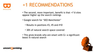 +1 RECOMMENDATIONS
• The second, more important, benefit is that +1’d sites
appear higher up the search rankings

• Google search for ‘SEO Manchester’

  • Results in positions #3, #5 and #10

  • 30% of natural search space covered

• This gives brands who are smart with G+ a significant
boost in natural search
 