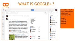 WHAT IS GOOGLE+ ?
                    Earlier this year, it
                    had a major refresh
                    to integrate
                    seamlessly with:

                    •gmail
                    •contacts
                    •youtube
                    •images
 