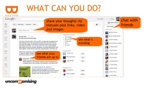 WHAT CAN YOU DO?
         share your thoughts via           chat with
         statuses post links, video        friends
         and images

                              see what’s
                              trending


  see what your
  friends are up to
 