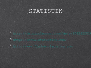 STATISTIK


http://de.circlecount.com/de/p/1062422016

http://socialstatistics.com/

http://www.findpeopleonplus.com
 