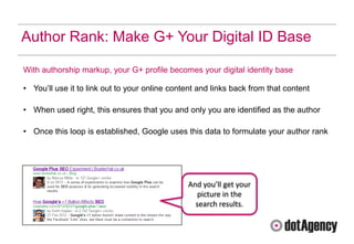 Author Rank: Make G+ Your Digital ID Base

With authorship markup, your G+ profile becomes your digital identity base

• You‟ll use it to link out to your online content and links back from that content

• When used right, this ensures that you and only you are identified as the author

• Once this loop is established, Google uses this data to formulate your author rank




                                               And you’ll get your
                                                 picture in the
                                                 search results.
 