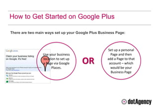 How to Get Started on Google Plus

There are two main ways set up your Google Plus Business Page:



                                                    Set up a personal
                 Use your business                    Page and then
                 location to set up
                 a Page via Google    OR            add a Page to that
                                                     account – which
                       Places.                        would be your
                                                      Business Page
 