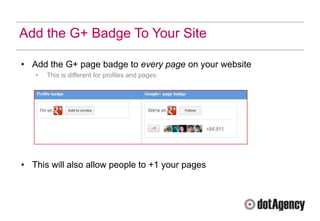 Add the G+ Badge To Your Site

• Add the G+ page badge to every page on your website
   •   This is different for profiles and pages:




• This will also allow people to +1 your pages
 