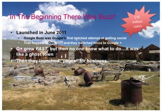 In The Beginning There Was Buzz!

• Launched in June 2011
   •   Google Buzz was Google’s first botched attempt at getting social
   •   That flopped in Dec 2011 and they switched focus to Google +
• G+ grew FAST, but then no one knew what to do…it was
  like a ghost town
• Then they launched “pages” for business…
 