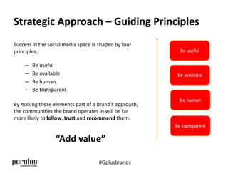 Strategic Approach – Guiding Principles 
Success in the social media space is shaped by four 
principles: 
– Be useful 
– Be available 
– Be human 
– Be transparent 
By making these elements part of a brand’s approach, 
the communities the brand operates in will be far 
more likely to follow, trust and recommend them. 
Be useful 
Be available 
Be human 
Be transparent 
“Add value” 
#Gplusbrands 
 