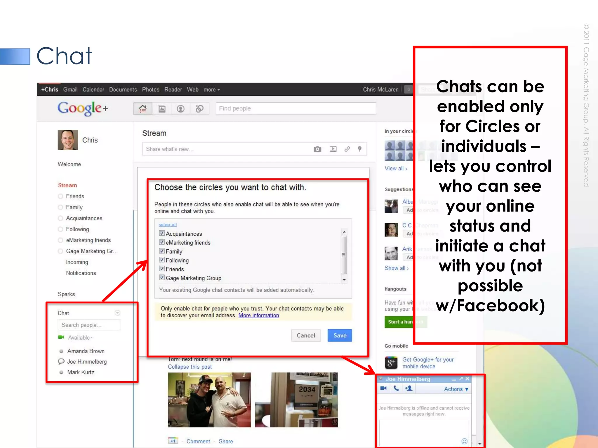 ChatChats can be enabled only for Circles or individuals – lets you control who can see your online status and initiate a chat with you (not possible w/Facebook)