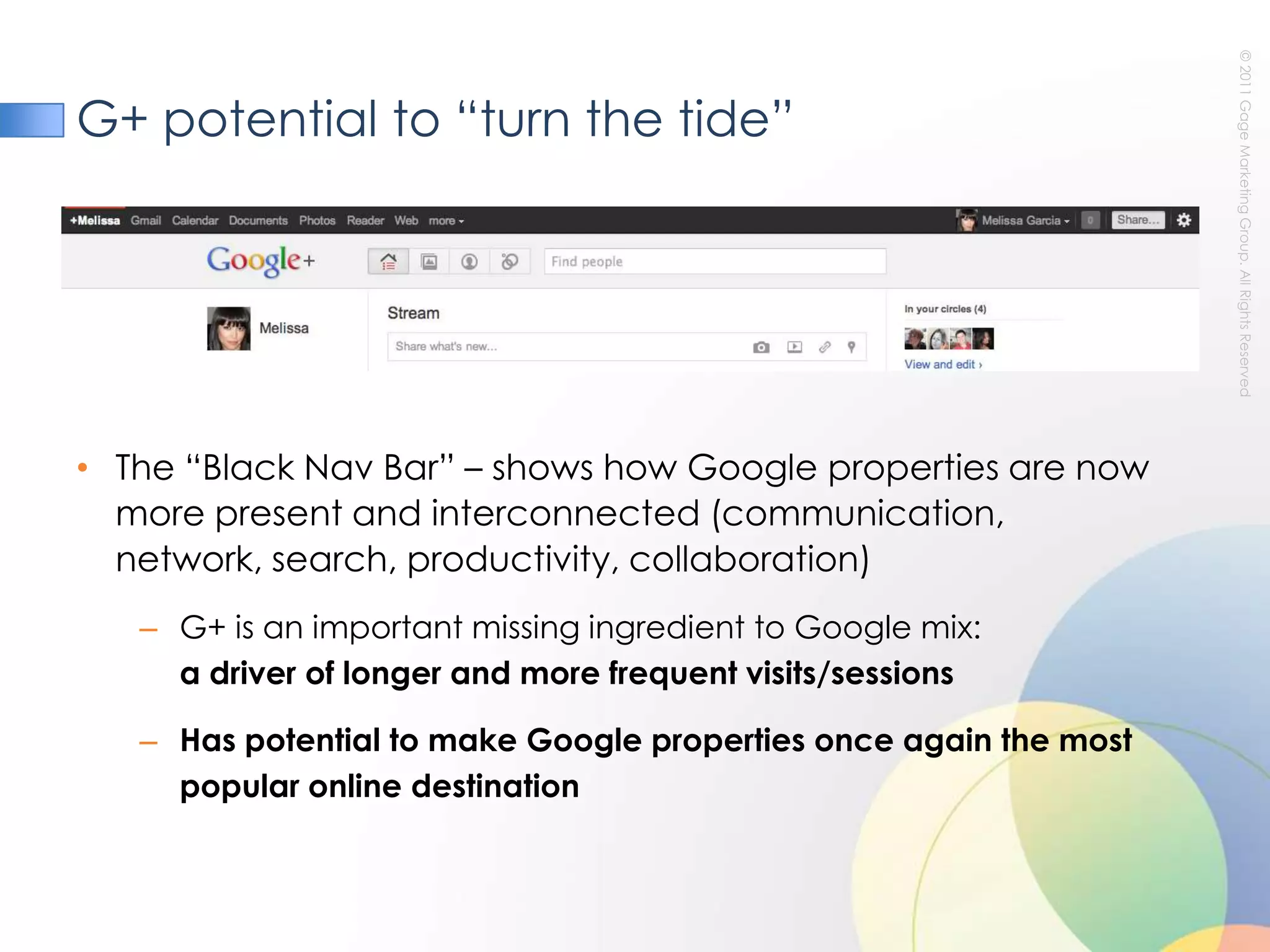 G+ potential to “turn the tide”The “Black Nav Bar” – shows how Google properties are now more present and interconnected (communication, network, search, productivity, collaboration)G+ is an important missing ingredient to Google mix: a driver of longer and more frequent visits/sessionsHas potential to make Google properties once again the most popular online destination