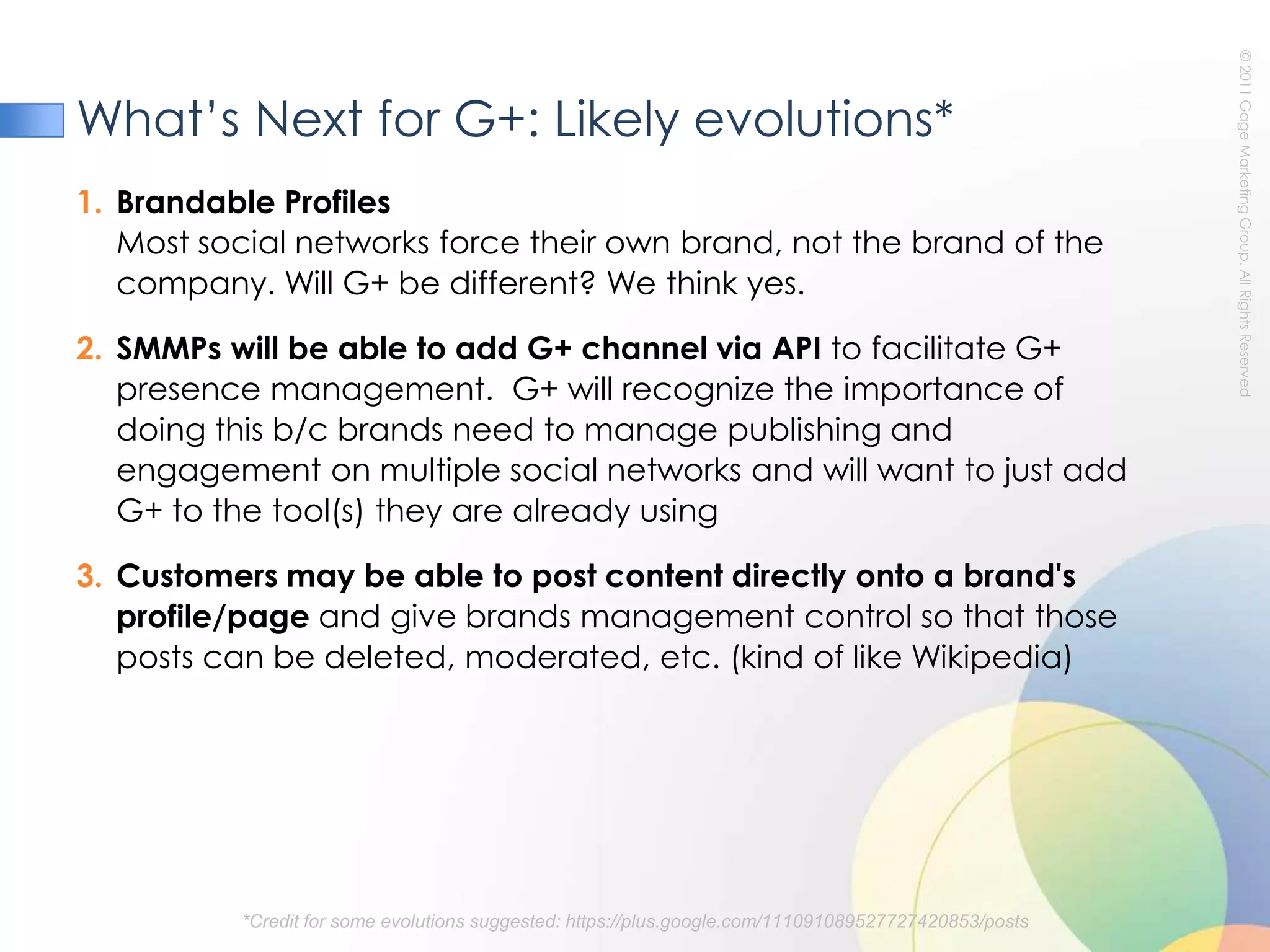 G+ Key CharacteristicsHow G+ Will Play into Search ResultsEmpiric research suggests Google organic search results are affected by whether user has added a brand to their Google+ CirclesThis means the more popular your brand is in G+, the higher your SEO rankings are likely to beHovering over the Ford Motor Company link displays this: