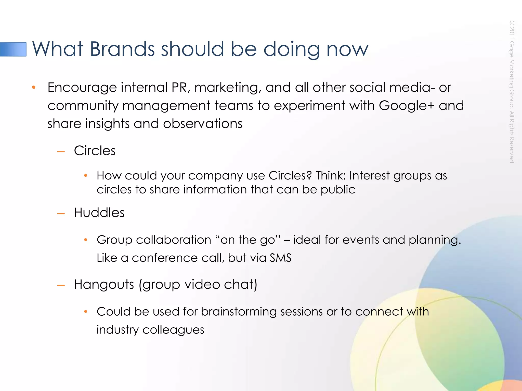 Facebook ComparisonPages for Individuals and Businesses (called Profiles in G+)G+ Profiles are not currently customizable yet, whereas FB pages can essentially developed as fully as websitesPostsFormat and options for posts are practically identicalNews Feed……But G+ News Feed can be custom-filtered by users via Circles“Liking” a post (Google calls this “+1”)… Except…+1 only applies to posts, websites, and content - not to Profiles+1 concept assumes user may like a user’s post without committing to  holistically “Liking” the author+1 informs search results, whereas FB Like does notWill G+ for business include profile-level “Liking” like FB? We’ll see…