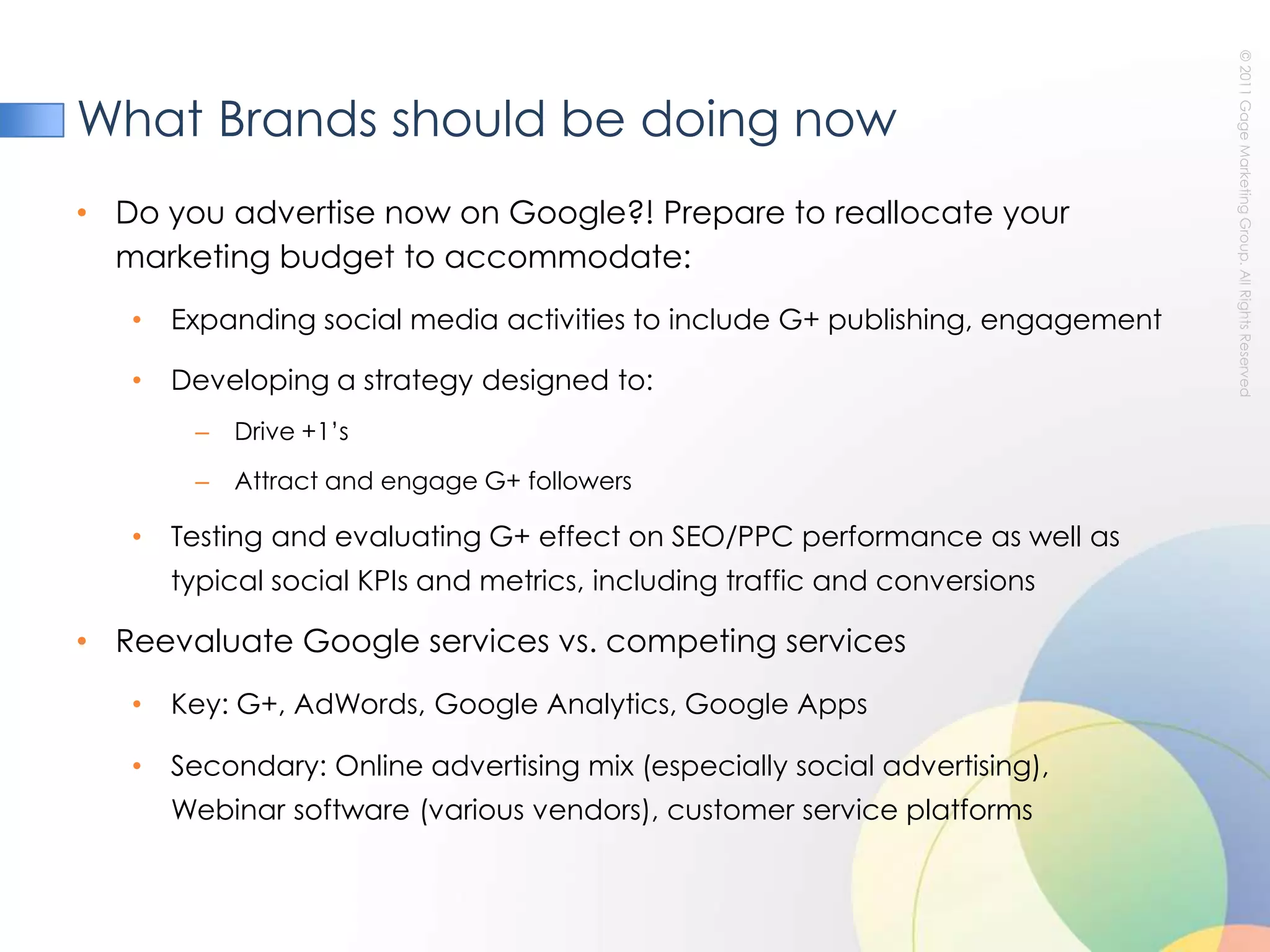 Facebook ComparisonPhotosTakes dead aim at the most-used function in FacebookDesigned to work best with Google-owned apps, OS’s, servicesCareful to be BETTER than Facebook on managing privacy and sharing issuesPerfectly synced  with Picasa, which should give it an advantage over both Facebook and media site sharing competitors:Facebook, and photo sharing services from …Apple / iPhotoYahoo / FlickrAdobe / CS 5 Microsoft / Windows Live Photo Gallery