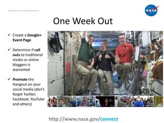 One Week Out
19
National Aeronautics and Space Administration
http://www.nasa.gov/connect
 Create a Google+
Event Page
 ...