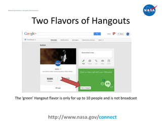 Two Flavors of Hangouts
5
National Aeronautics and Space Administration
http://www.nasa.gov/connect
The ‘green’ Hangout fl...