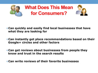 What Does This Mean
for Consumers?
Can quickly and easily find local businesses that have

what they are looking for

Can instantly get place recommendations based on their

Google+ circles and other factors

Can get reviews about businesses from people they

know and trust in the search results

Can write reviews of their favorite businesses

 