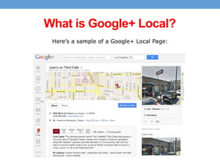 What is Google+ Local?
Here’s a sample of a Google+ Local Page:

 