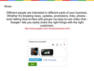 Share Different people are interested in different parts of your business. Whether it's breaking news, updates, promotions, links, photos - even talking face-to-face with groups via easy-to-use video chat - Google+ lets you easily share the right things with the right customers. http://www.google.com/+/business/share.html 