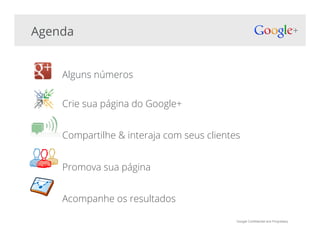 Google Confidential and Proprietary
Agenda
Alguns números
Crie sua página do Google+
Compartilhe & interaja com seus clientes
Promova sua página
Acompanhe os resultados
 
