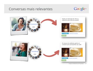 Google Confidential and Proprietary
Empresários!
Estudantes!
Conversas mais relevantes
27
Ganhe um desconto de 15% no
cafezinho até as 8hs da manhã!
Em época de vestibular ganhe um
croissant para acompanhar seu café!
 