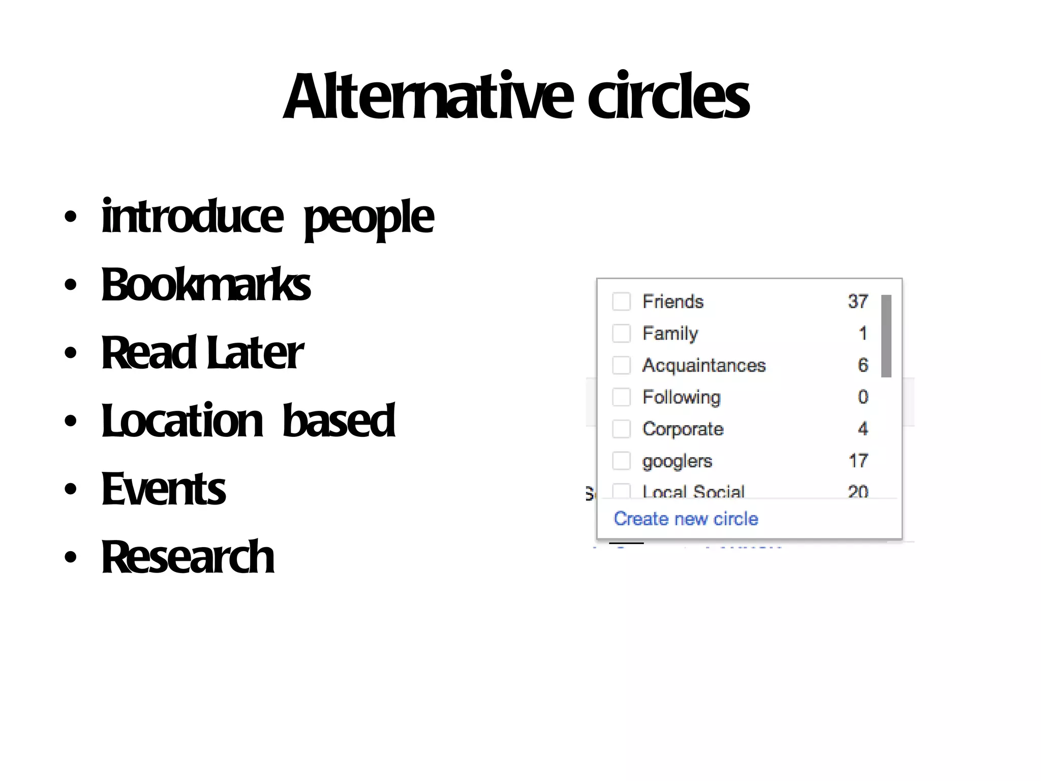 Alternative circles introduce people Bookmarks Read Later Location based Events Research
