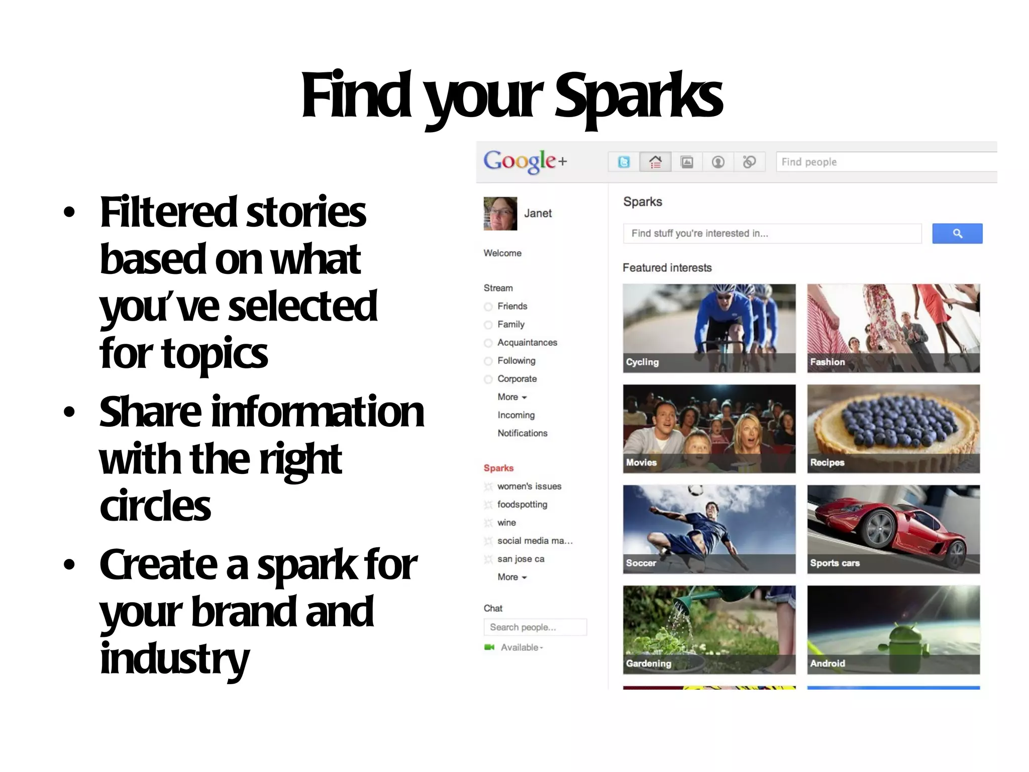 Find your Sparks Filtered stories based on what you’ve selected for topics Share information with the right circles Create a spark for your brand and industry