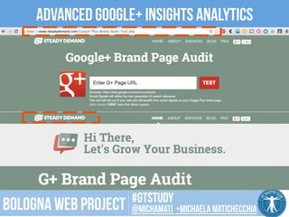 Advanced Google+ Insights analytics 
CC 
BY 
2.0 
SOMBILON 
ART, 
MEDIA 
and 
PHOTOGRAPHY 
#gtstudy 
Bologna web project @michamati +Michaela matichecchia 
 