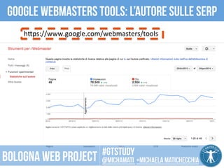 Google webmasters tools: L’autore sulle serp 
hFps://www.google.com/webmasters/tools 
CC 
BY 
2.0 
SOMBILON 
ART, 
MEDIA 
and 
PHOTOGRAPHY 
#gtstudy 
Bologna web project @michamati +Michaela matichecchia 
 