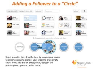 Adding a Follower to a “Circle”
Select a profile, then drag the item by moving your cursor
to either an existing circle of your choosing or an empty
circle. If you add it to an empty circle, Google+ will
prompt you to give the circle a name.
 