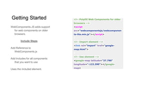 Getting Started
WebComponents.JS adds support
for web components on older
browsers.
Include Steps
Add Reference to
WebComponents.js
Add Includes for all components
that you want to use
Uses the included element.
<!-- Polyfill Web Components for older
browsers -->
<script
src="webcomponentsjs/webcomponen
ts-lite.min.js"></script>
<!-- Import element -->
<link rel="import" href="google-
map.html">
<!-- Use element -->
<google-map latitude="37.790"
longitude="-122.390"></google-
map>
 