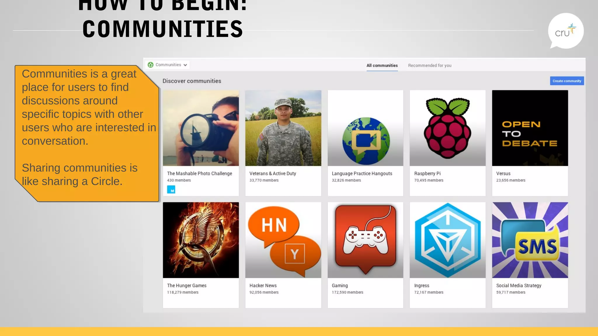 HOW TO BEGIN:
COMMUNITIES
Communities is a great
place for users to find
discussions around
specific topics with other
users who are interested in
conversation.
Sharing communities is
like sharing a Circle.
Communities is a great
place for users to find
discussions around
specific topics with other
users who are interested in
conversation.
Sharing communities is
like sharing a Circle.
 