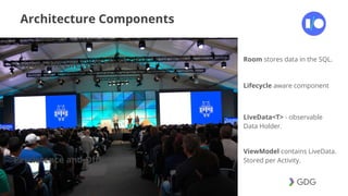 #postiotour
Architecture Components
Percictence and Offline
Room stores data in the SQL.
Solving the Lifecycle Problem
ViewModel contains LiveData.
Stored per Activity.
LiveData<T> - observable
Data Holder.
Lifecycle aware component
 