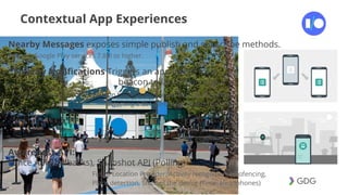 #postiotour
Contextual App Experiences
Nearby Messages exposes simple publish and subscribe methods.
Nearby Notifications Triggers an app intent from
beacon to launch an app
Awareness API:
Fence API (Callbacks), Snapshot API (Polling)
Require Google Play services 7.8.0 or higher.
Eddystone supported beacon hardware required. Rely on the phone
detecting a Bt Low Energy beacon nearby.
Fused Location Provider, Activity recognition, Geofencing,
Place detection, State of the device (Time, Headphones)
 