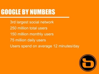 GOOGLE BY NUMBERS
  3rd largest social network
  250 million total users
  150 million monthly users
  75 million daily users
  Users spend on average 12 minutes/day
 