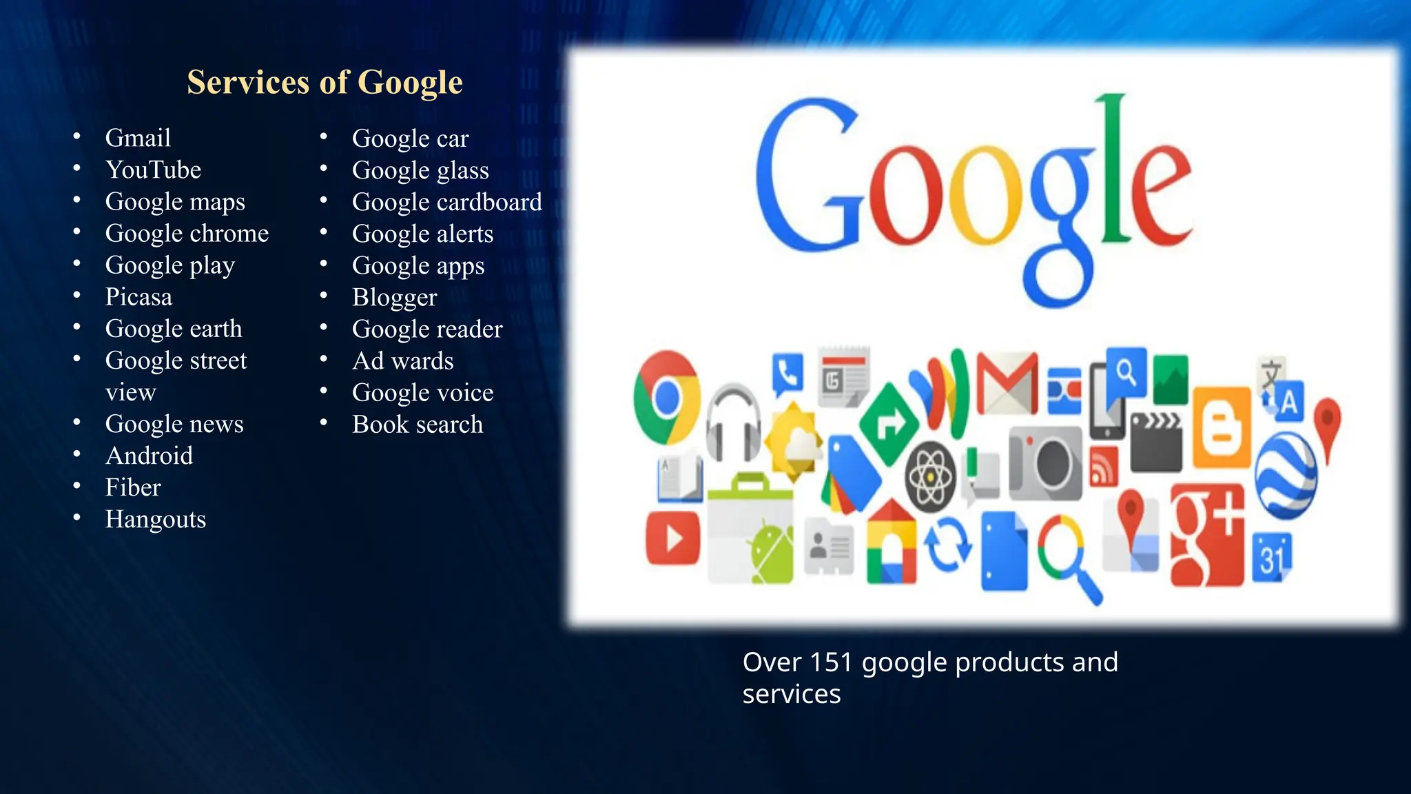 Services of Google
• Gmail
• YouTube
• Google maps
• Google chrome
• Google play
• Picasa
• Google earth
• Google street
view
• Google news
• Android
• Fiber
• Hangouts
• Google car
• Google glass
• Google cardboard
• Google alerts
• Google apps
• Blogger
• Google reader
• Ad wards
• Google voice
• Book search
Over 151 google products and
services
 