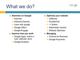 What we do?
    Advertise on Google            Optimize your website
      Adwords                        AdSense
      Adwords Express                DoubleClick
      Learn with google              +1 Button
      Google Offers                  Webmaster Central
      Google Engage                  Website Optimizer

    Improve how you work           Managing
       Google Apps; online e-        Chrome for Business
        mail, calendar, docs          Google Payments
       Google Analytics
 