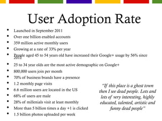 User Adoption Rate
• Launched in September 2011
• Over one billion enabled accounts
• 359 million active monthly users
• Growing at a rate of 33% per year
• People aged 45 to 54 years old have increased their Google+ usage by 56% since
2012
• 25 to 34 year olds are the most active demographic on Google+
• 800,000 users join per month
• 70% of business brands have a presence
• 1.2 monthly page visits
• 6.6 million users are located in the US
• 68% of users are male
• 28% of millenials visit at least monthly
• More than 5 billion times a day +1 is clicked
• 1.5 billion photos uploaded per week
“If this place is a ghost town
then I see dead people. Lots and
lots of very interesting, highly
educated, talented, artistic and
funny dead people”
 