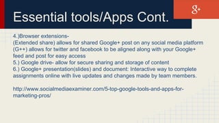 Essential tools/Apps Cont.
4.)Browser extensions-
(Extended share) allows for shared Google+ post on any social media platform
(G++) allows for twitter and facebook to be aligned along with your Google+
feed and post for easy access
5.) Google drive- allow for secure sharing and storage of content
6.) Google+ presentation(slides) and document: Interactive way to complete
assignments online with live updates and changes made by team members.
http://www.socialmediaexaminer.com/5-top-google-tools-and-apps-for-
marketing-pros/
 
