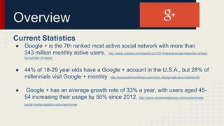 Overview
Current Statistics
● Google + is the 7th ranked most active social network with more than
343 million monthly active users. http://www.statista.com/statistics/272014/global-social-networks-ranked-
by-number-of-users/
● 44% of 18-29 year olds have a Google + account in the U.S.A., but 28% of
millennials visit Google + monthly. http://expandedramblings.com/index.php/google-plus-statistics/6/
● Google + has an average growth rate of 33% a year, with users aged 45-
54 increasing their usage by 56% since 2012. http://www.socialmediatoday.com/content/new-
social-media-statistics-you-need-know
 