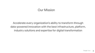 Accelerate every organization’s ability to transform through
data-powered innovation with the best infrastructure, platform,
industry solutions and expertise for digital transformation
Our Mission
3
 