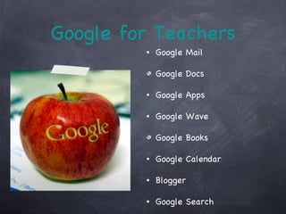 Google for Teachers Google Mail Google Docs Google Apps Google Wave Google Books Google Calendar Blogger Google Search 